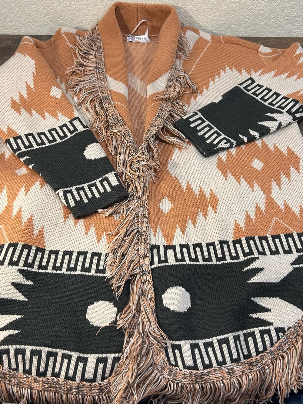 Shyanne Fringed Aztec Open-Front Cardigan Sweater Size XL